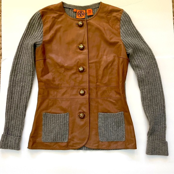 Tory Burch Tops - TORY BURCH Genuine Leather and Cashmere Cardigan Top with Logo Buttons Size S